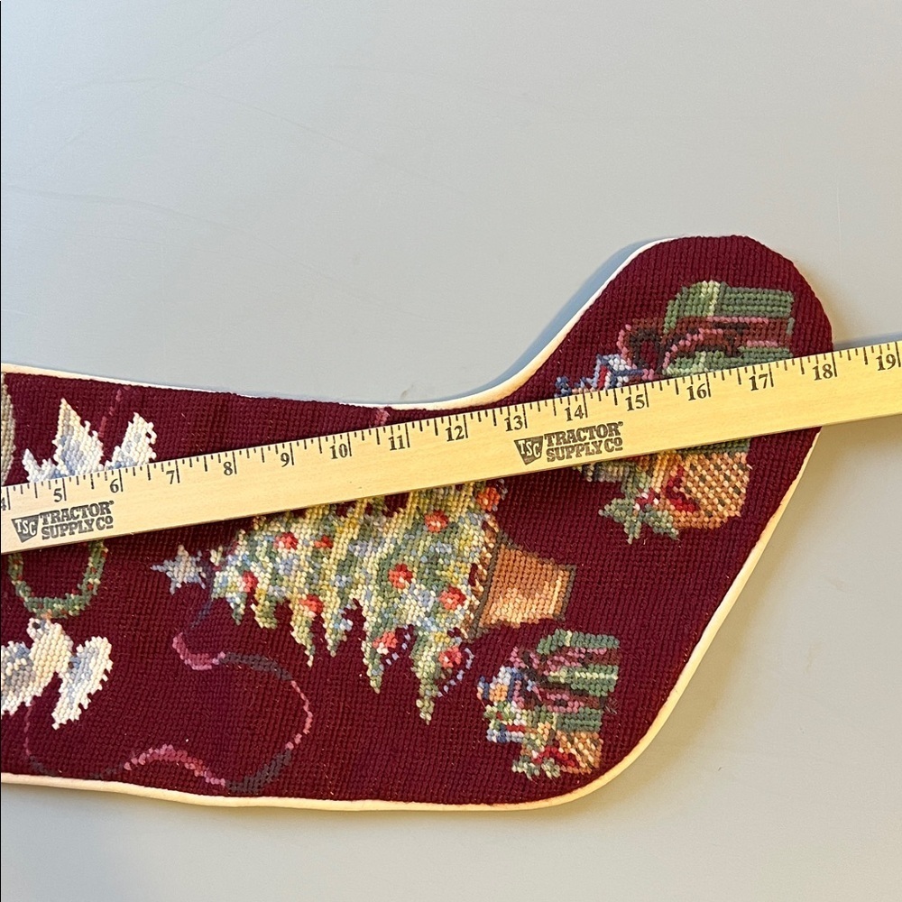 Vintage Needlepoint Wool Festive Holiday Christmas Stocking with Tree and Gifts - Picture 9 of 10